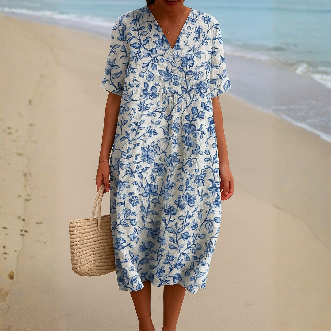 Magnolia - Vestido de Marfim Adornado com Acentos Florais em Azul Porcelana