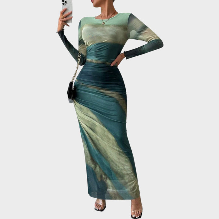 Amélia - Vestido maxi justo com mangas compridas