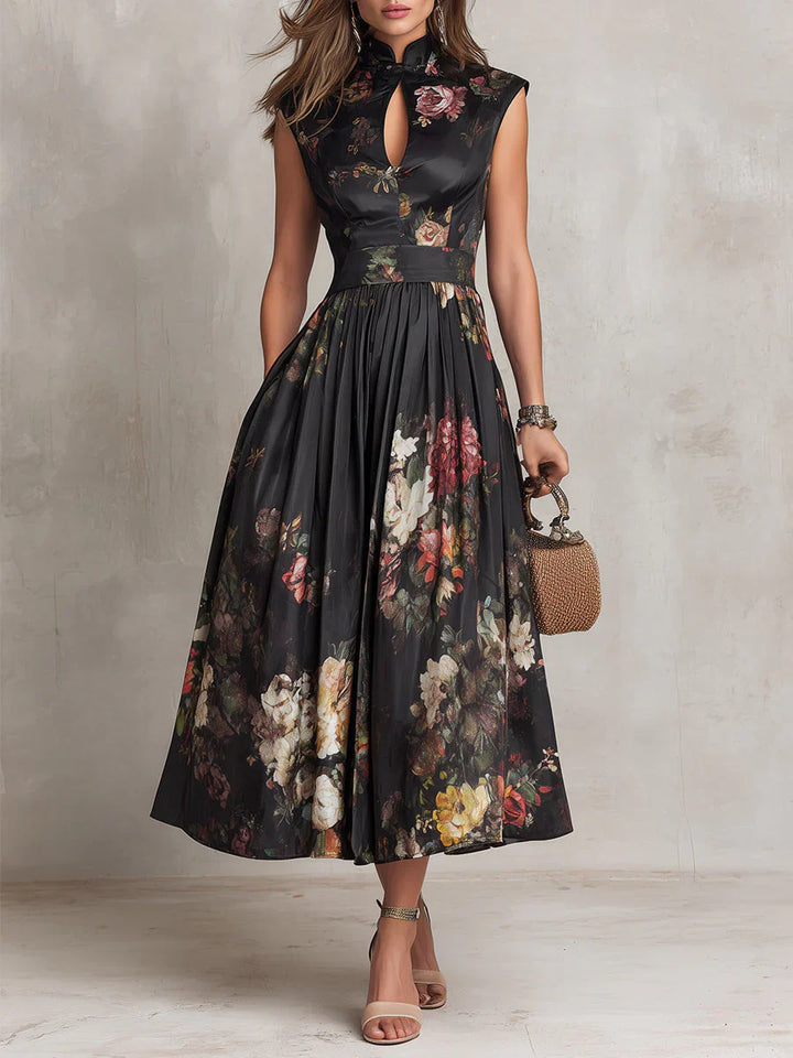 Elsa - Vestido midi plissado com padrão floral