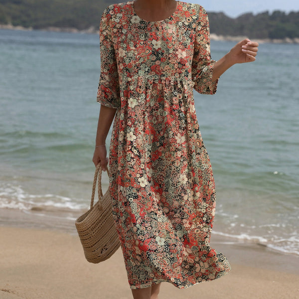 Sara - Vestido Maxi de Gola Redonda com Estampa